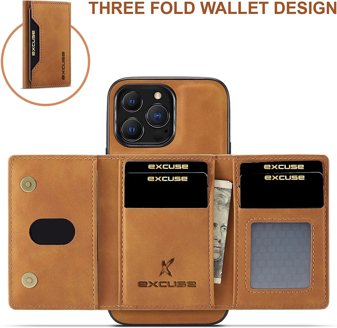 Excuse Premium Leather Wallet Case for iPhone 13 Pro - Magnetic Detachable Back Cover with Trifold Card Holder in Elegant Brown excuse
