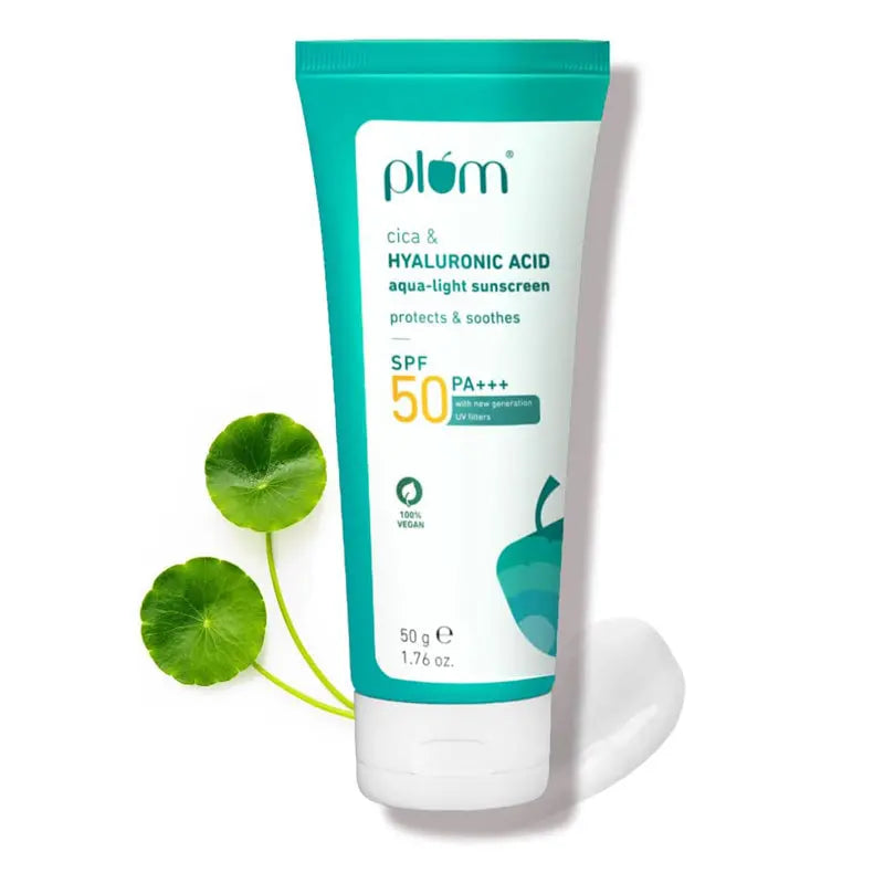 Plum Cica & Hyaluronic Acid Aqua-Light Sunscreen SPF 50 PA+++ No White Cast Lightweight|Safe New Generation UV Filters Blue Light Protection 100% Vegan (50 g) Plum