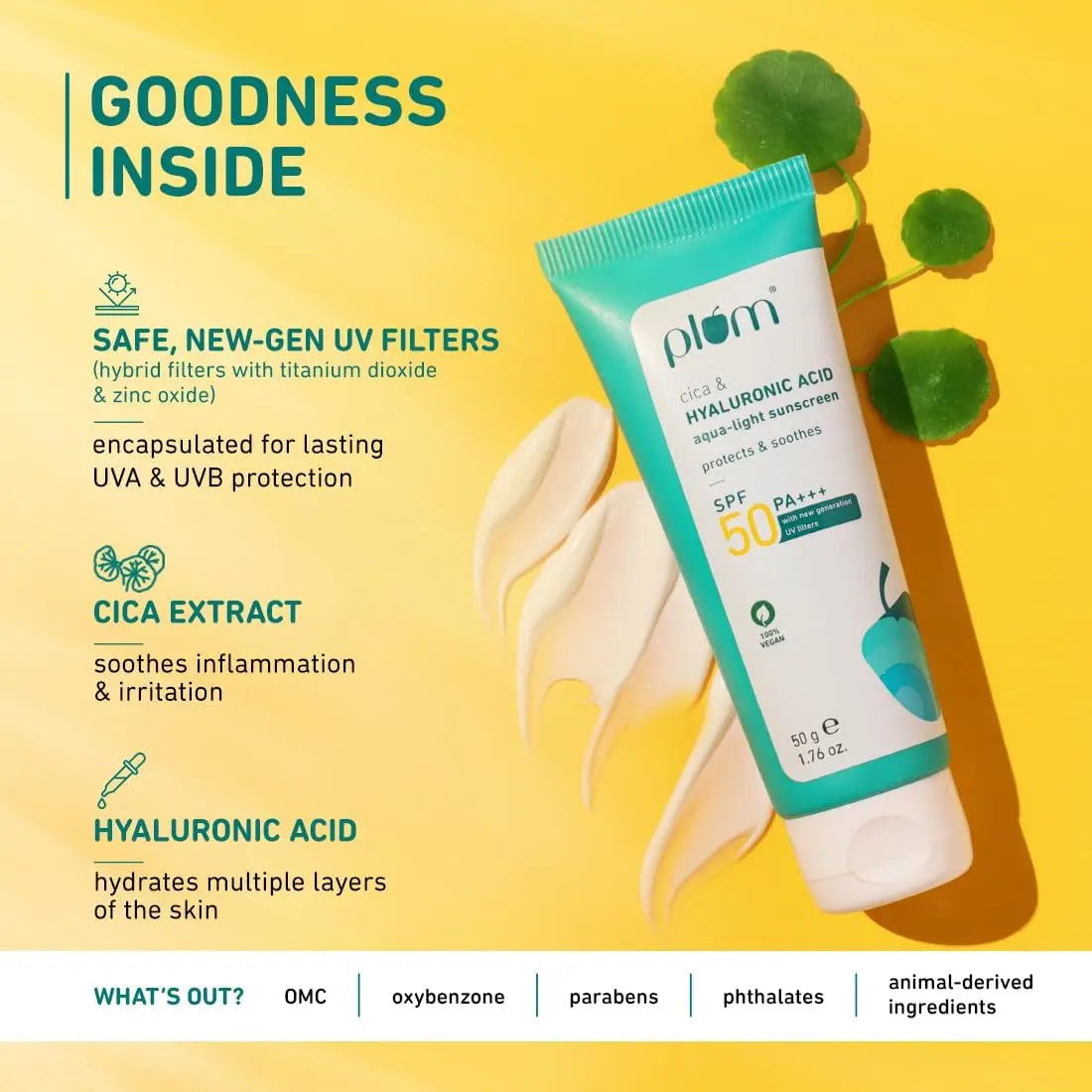 Plum Cica & Hyaluronic Acid Aqua-Light Sunscreen SPF 50 PA+++ No White Cast Lightweight|Safe New Generation UV Filters Blue Light Protection 100% Vegan (50 g) Plum