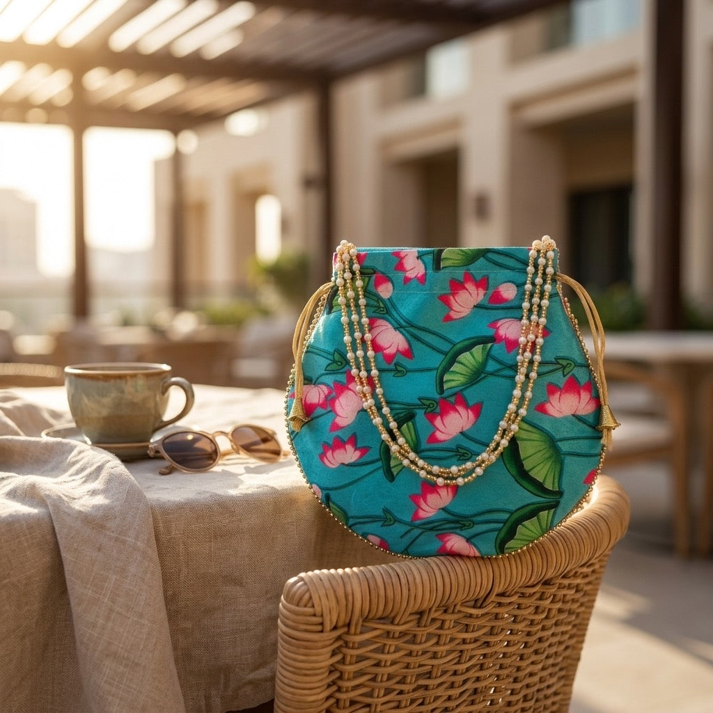 Handcrafted Indian floral potli bag blue