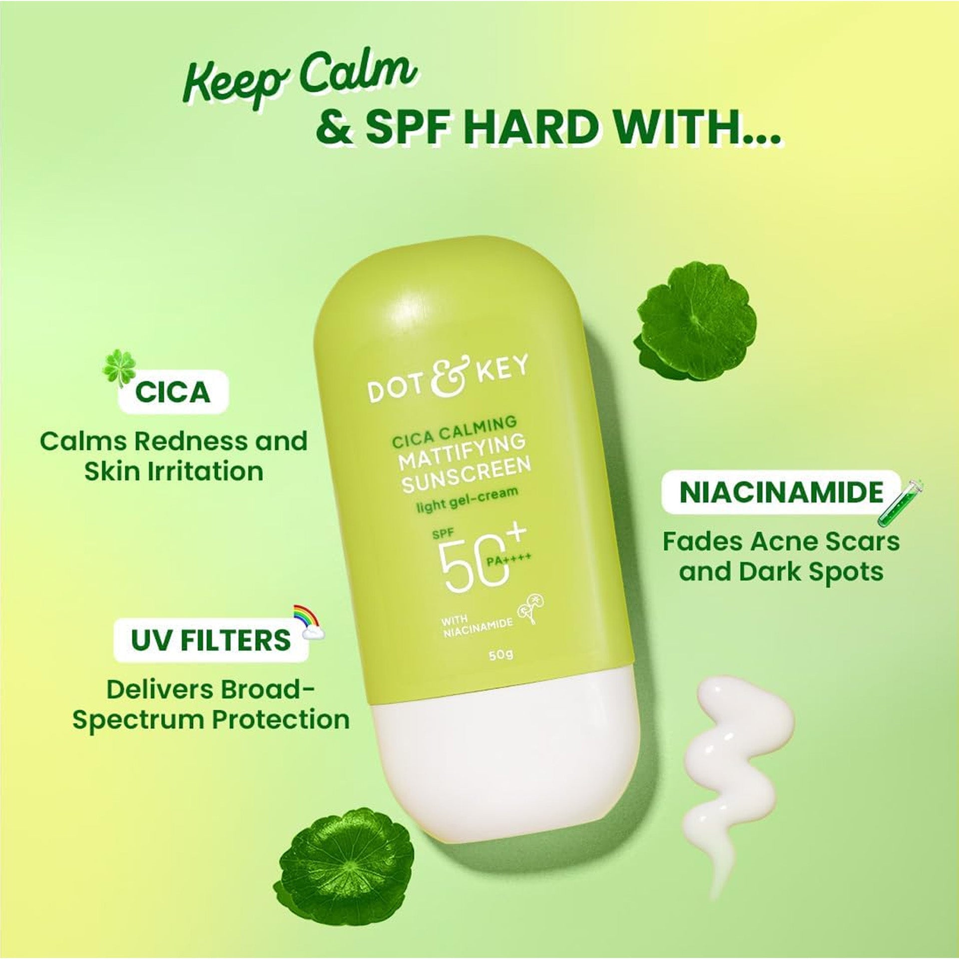 Dot & Key CICA Calming Mattifying Sunscreen SPF 50 PA++++ | For Oily Acne Prone & Sensitive Skin | UVA/UVB Protection | No White Cast, Ultra Light, Fragrance Free & Quick Absorbing | 50g DOT & KEY