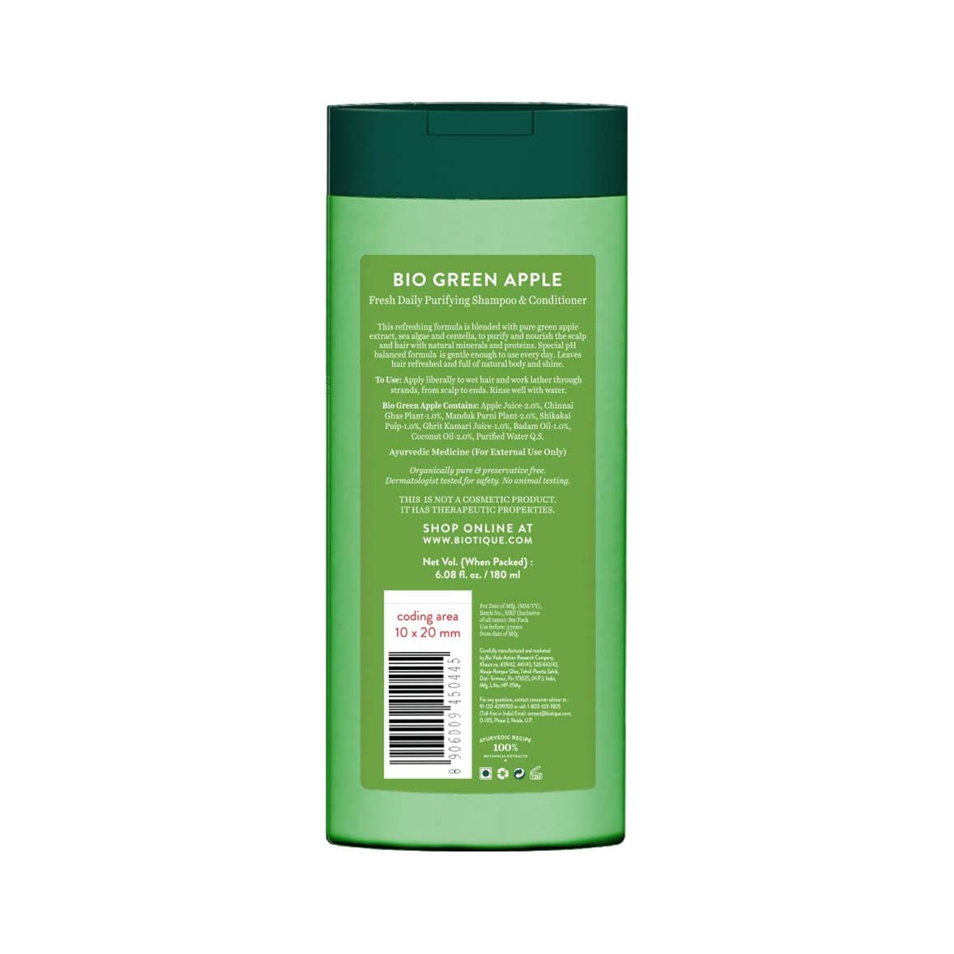 Biotique Bio Green Apple Fresh Daily Purifying Shampoo & Conditioner for Oily Scalp & Hair, 180 ml, multi Biotique