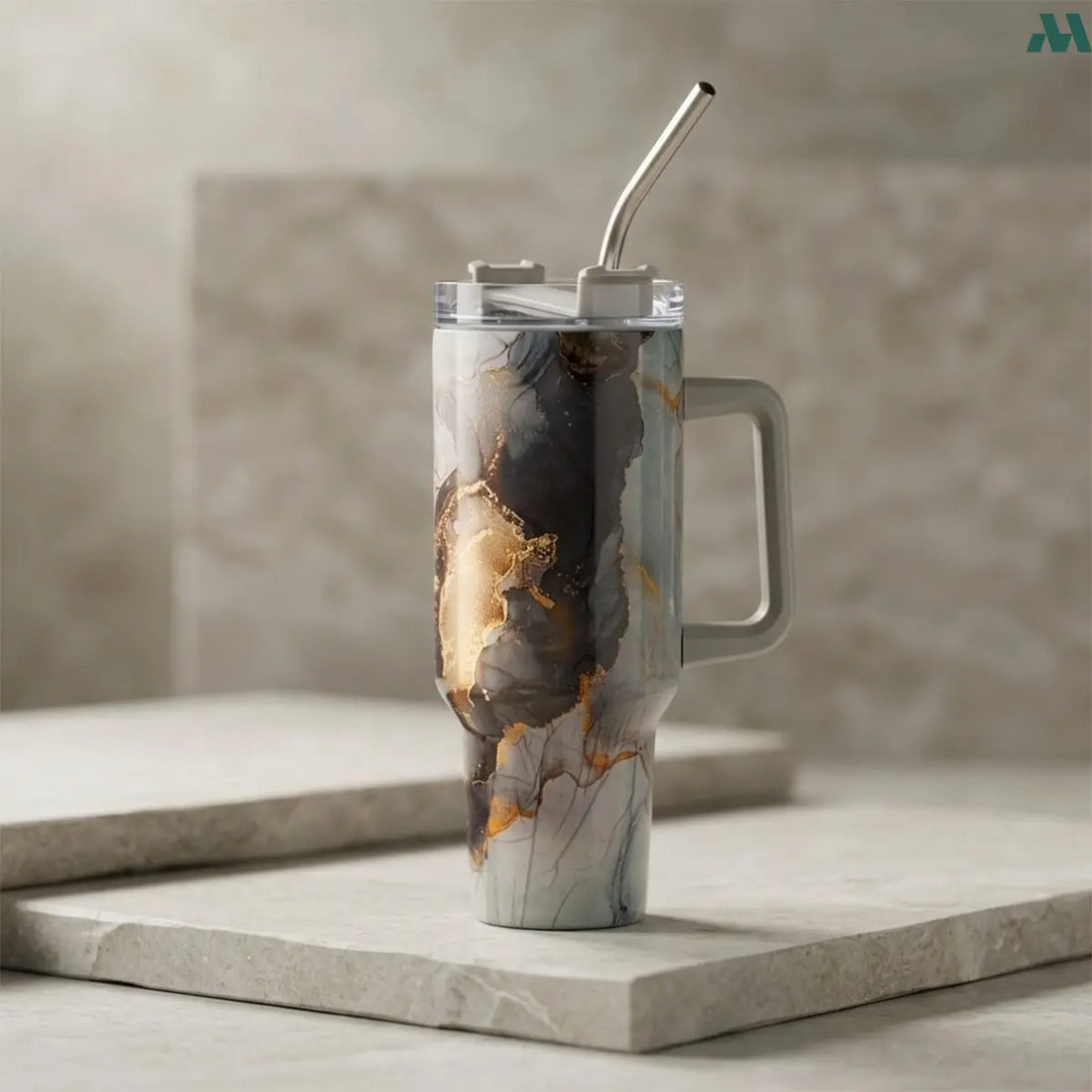 Gray marble insulated tumbler with handle and straw 1.2L