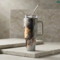 Gray marble insulated tumbler with handle and straw 1.2L