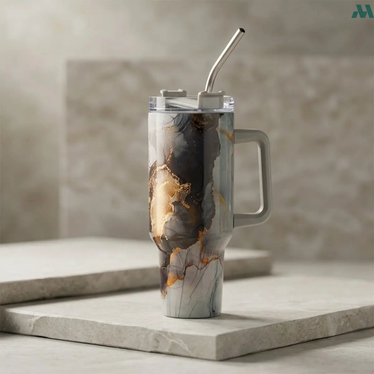 Gray marble insulated tumbler with handle and straw 1.2L
