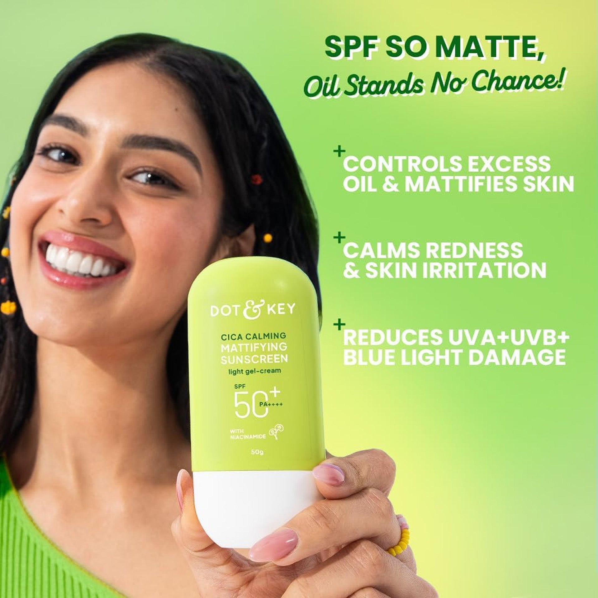 Dot & Key CICA Calming Mattifying Sunscreen SPF 50 PA++++ | For Oily Acne Prone & Sensitive Skin | UVA/UVB Protection | No White Cast, Ultra Light, Fragrance Free & Quick Absorbing | 50g DOT & KEY