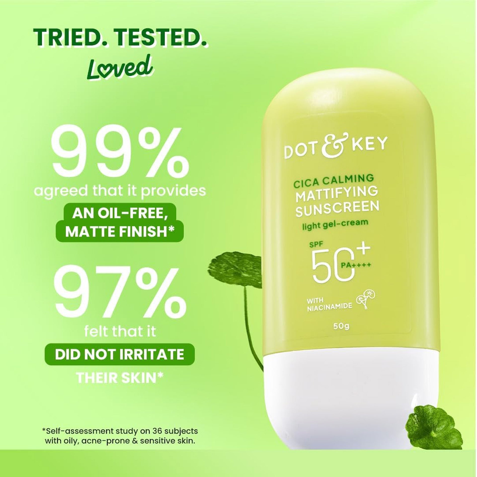 Dot & Key CICA Calming Mattifying Sunscreen SPF 50 PA++++ | For Oily Acne Prone & Sensitive Skin | UVA/UVB Protection | No White Cast, Ultra Light, Fragrance Free & Quick Absorbing | 50g DOT & KEY