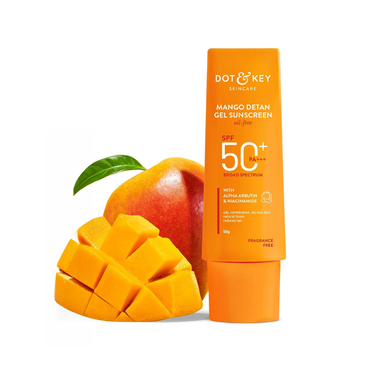 DOT & KEY Key Mango Detan Gel Sunscreen Spf 50+ Pa+++ 50G | Oil-Free, With Alpha-Arbutin & Niacinamide | Fades Dark Spots, Evens Skin Tone, Water Resistant | All Skin Types DOT & KEY