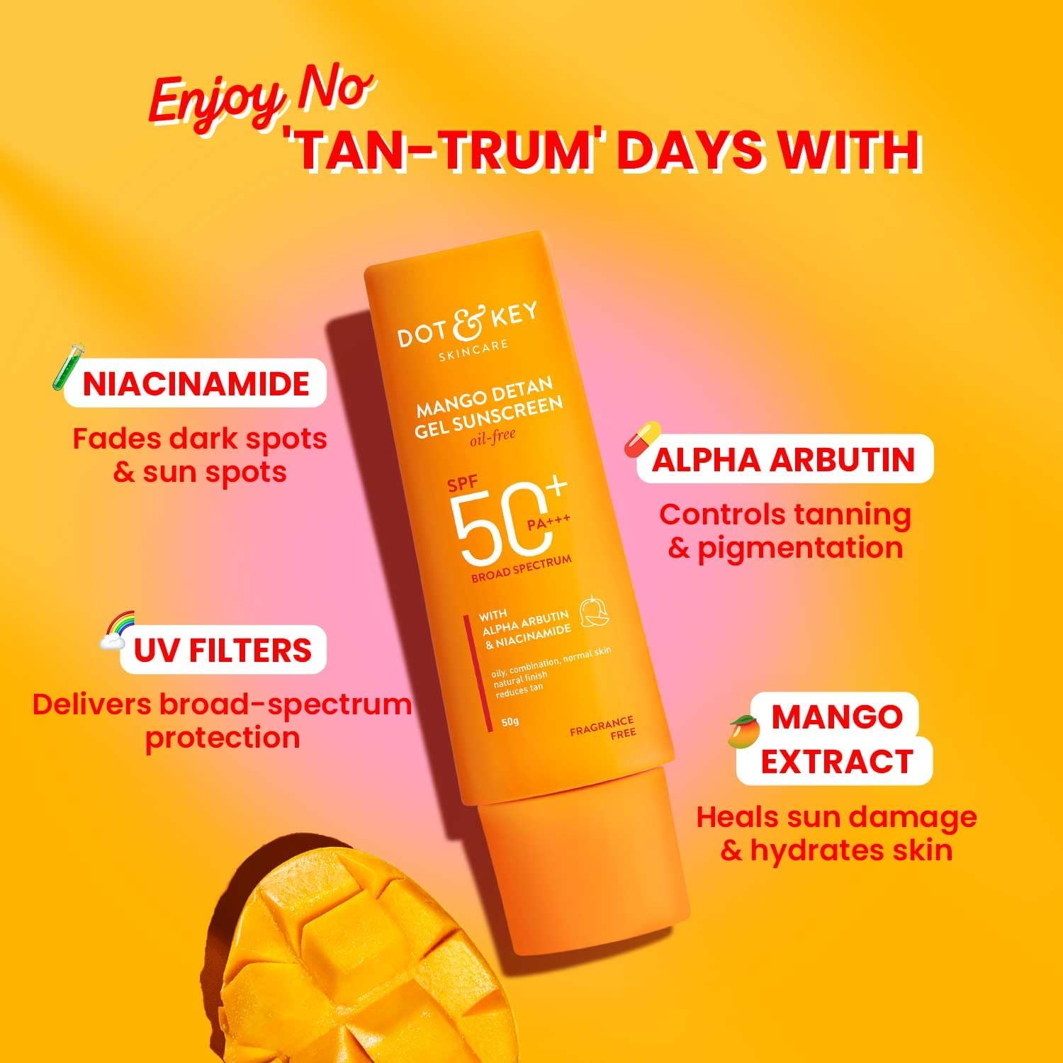 DOT & KEY Key Mango Detan Gel Sunscreen Spf 50+ Pa+++ 50G | Oil-Free, With Alpha-Arbutin & Niacinamide | Fades Dark Spots, Evens Skin Tone, Water Resistant | All Skin Types DOT & KEY