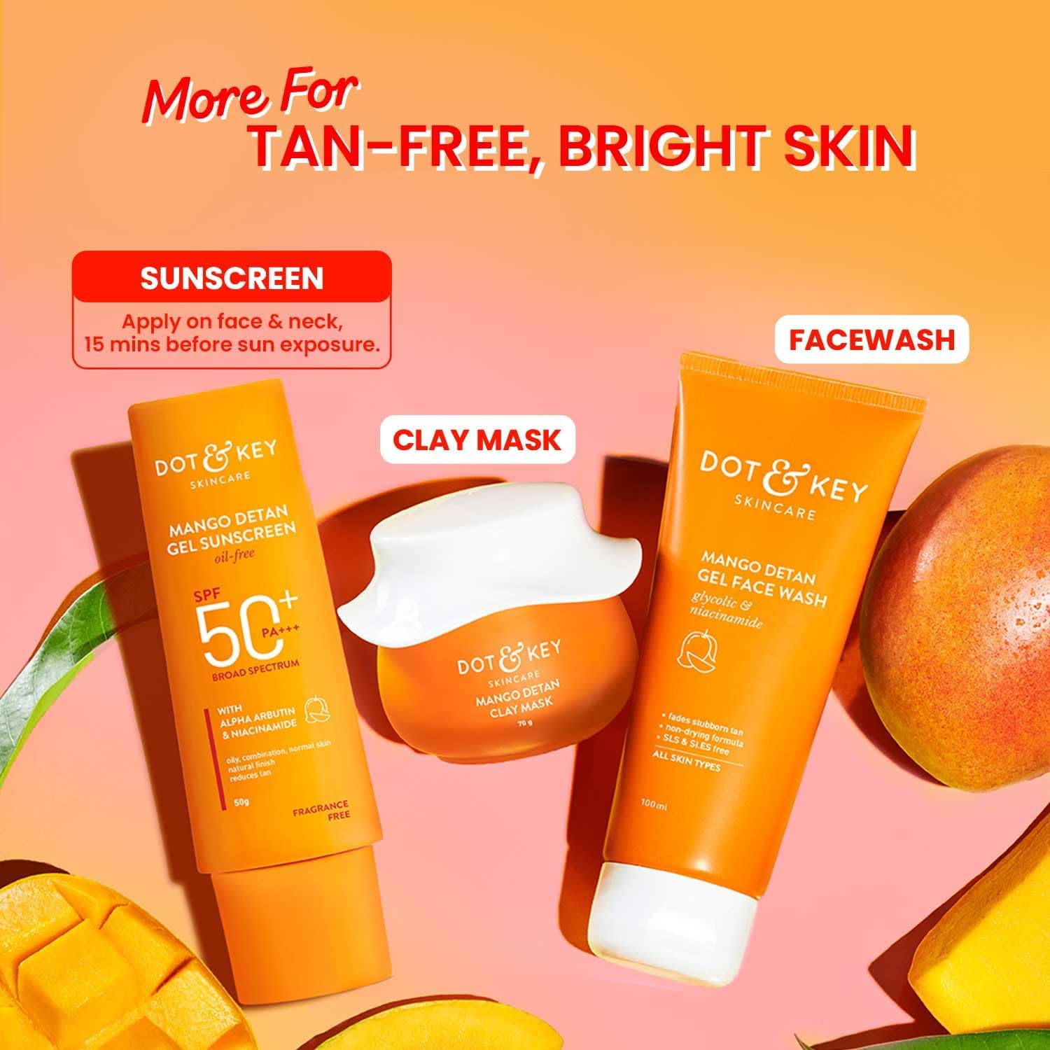 DOT & KEY Key Mango Detan Gel Sunscreen Spf 50+ Pa+++ 50G | Oil-Free, With Alpha-Arbutin & Niacinamide | Fades Dark Spots, Evens Skin Tone, Water Resistant | All Skin Types DOT & KEY