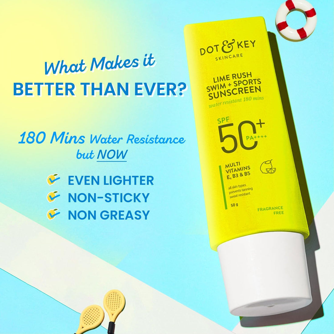 Dot & Key Lime Rush Swim + Sports Sunscreen SPF 50 PA++++ | Water Resistant & Sweat Resistant Sunscreen | UV/UVA Protect | No White Cast | Prevents Tan | For All Skin Types | For Women & Men DOT & KEY