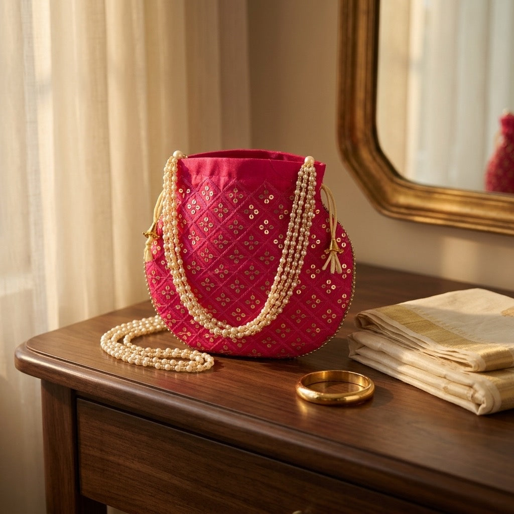Handcrafted Indian mirror work potli bag dark pink