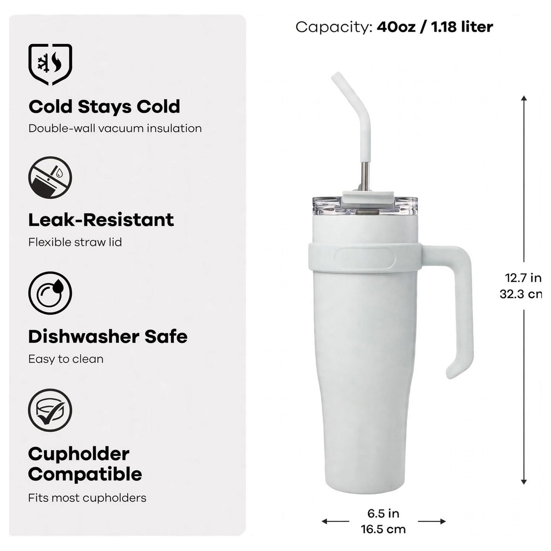 Mobcos 40oz Stainless Steel Tumbler with Handle – Leakproof, Insulated Travel Mug with Lid & Straw – Reusable Double-Wall Vacuum Cup for Hot & Cold Drinks (White)
