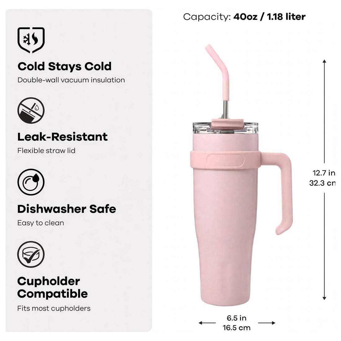 Mobcos 40oz Stainless Steel Tumbler with Handle – Leakproof, Insulated Travel Mug with Lid & Straw – Reusable Double-Wall Vacuum Cup for Hot & Cold Drinks (Pink)