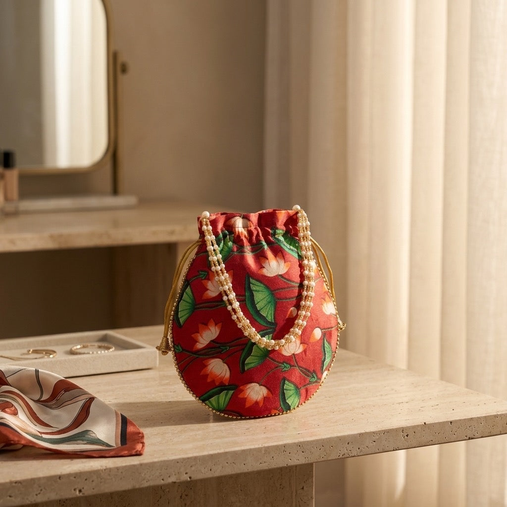 Red-orange floral potli bag with drawstring