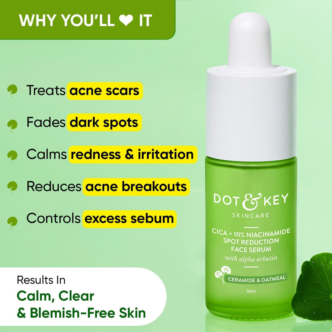 Dot & Key 10% Niacinamide Cica Face Serum, Reduces Acne & Dark Spot, Excess Oil | For Oily, Acne Prone & Sensitive Skin | 30ml DOT & KEY