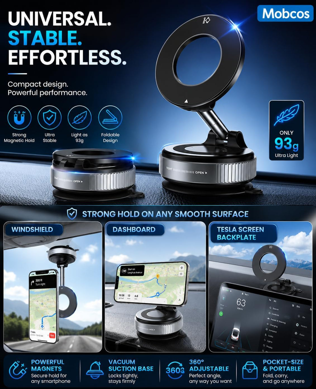 Magnetic Safe Car Phone Holder – Magnetic Suction Cup Mount with 360° Rotation, Foldable Pocket-Size Design, Strong Grip for Dashboard & Windshield MOBCOS