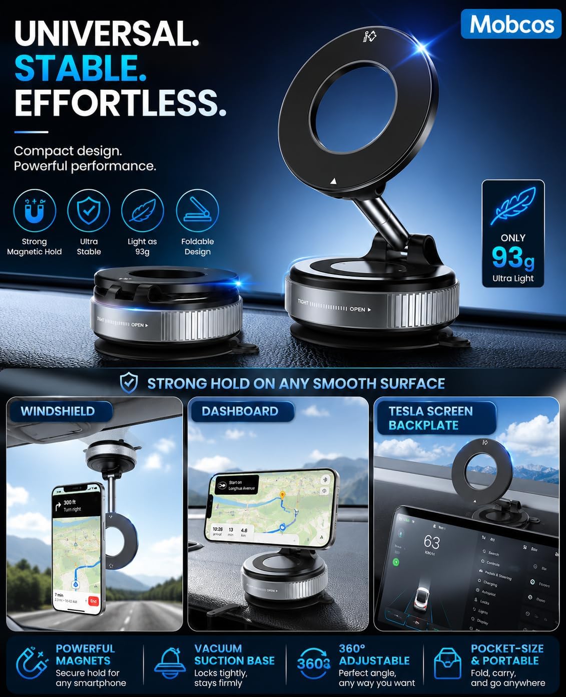 Magnetic Safe Car Phone Holder – Magnetic Suction Cup Mount with 360° Rotation, Foldable Pocket-Size Design, Strong Grip for Dashboard & Windshield MOBCOS