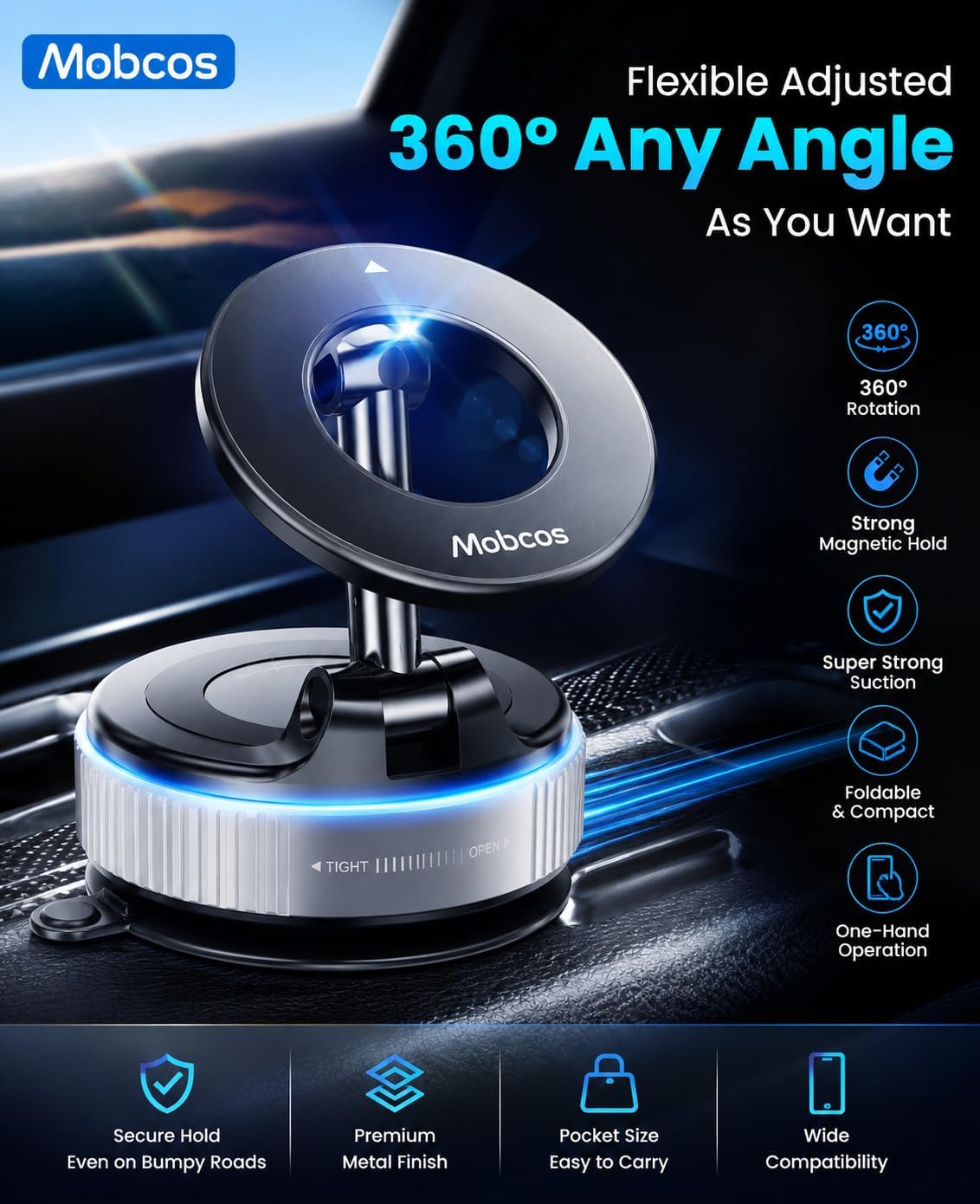 Magnetic Safe Car Phone Holder – Magnetic Suction Cup Mount with 360° Rotation, Foldable Pocket-Size Design, Strong Grip for Dashboard & Windshield MOBCOS