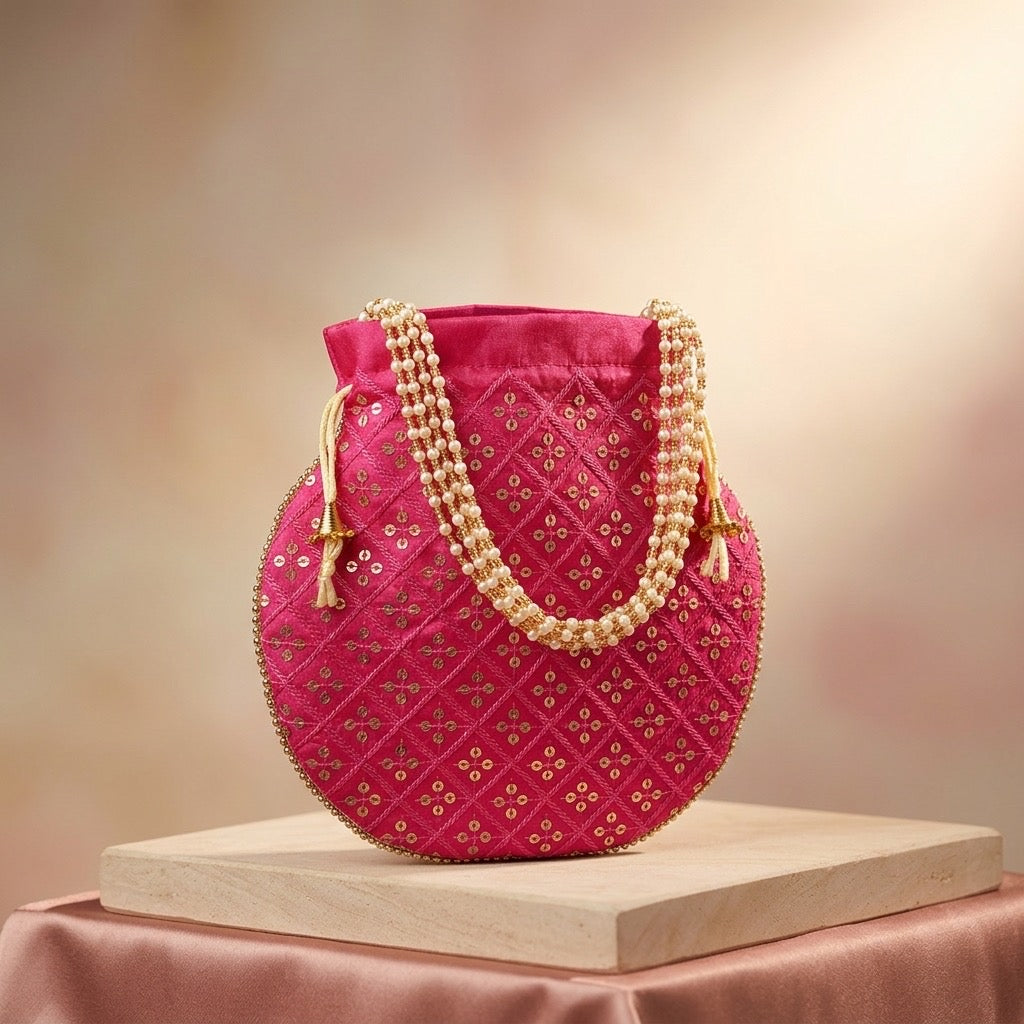 Dark pink embroidered mirror work potli bag