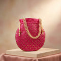 Dark pink mirror work potli bag with drawstring
