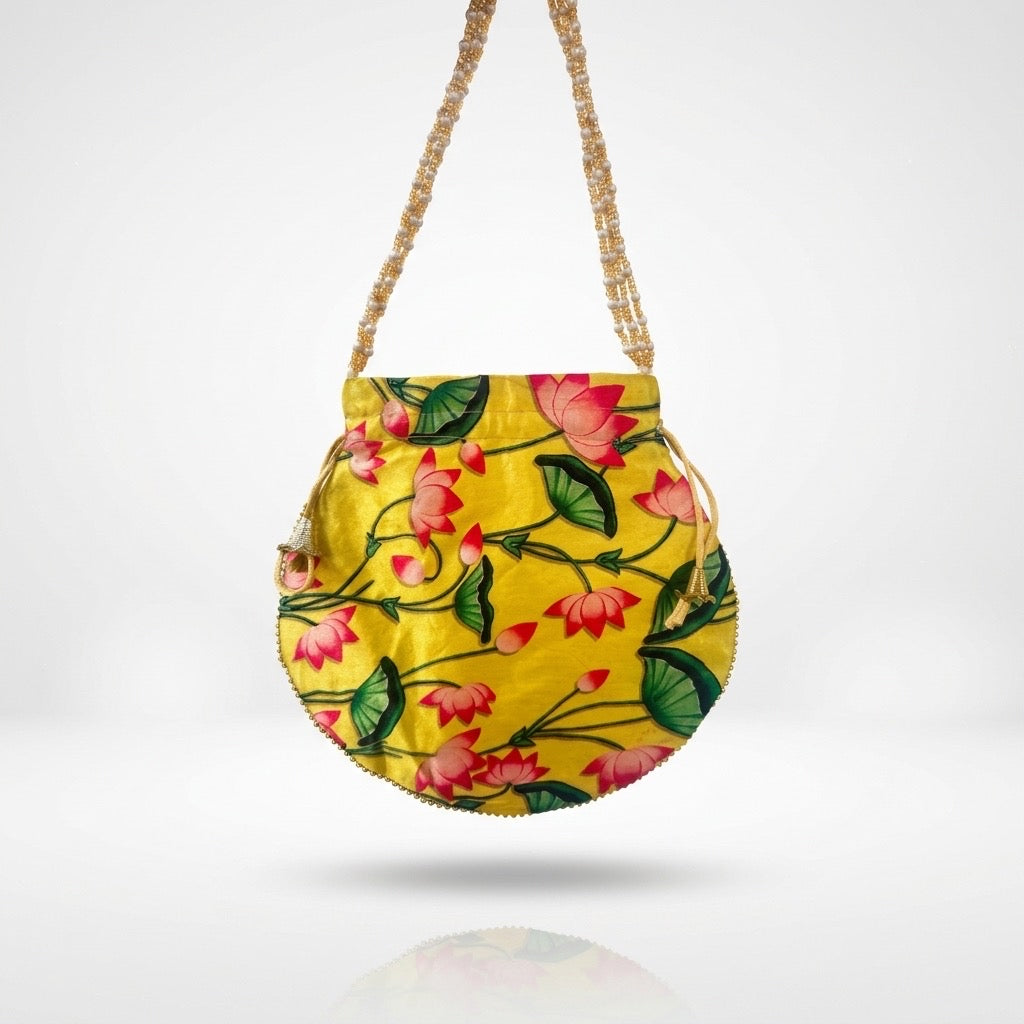 Yellow floral print potli bag Mobcos