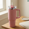 Pink straw travel cup with handle