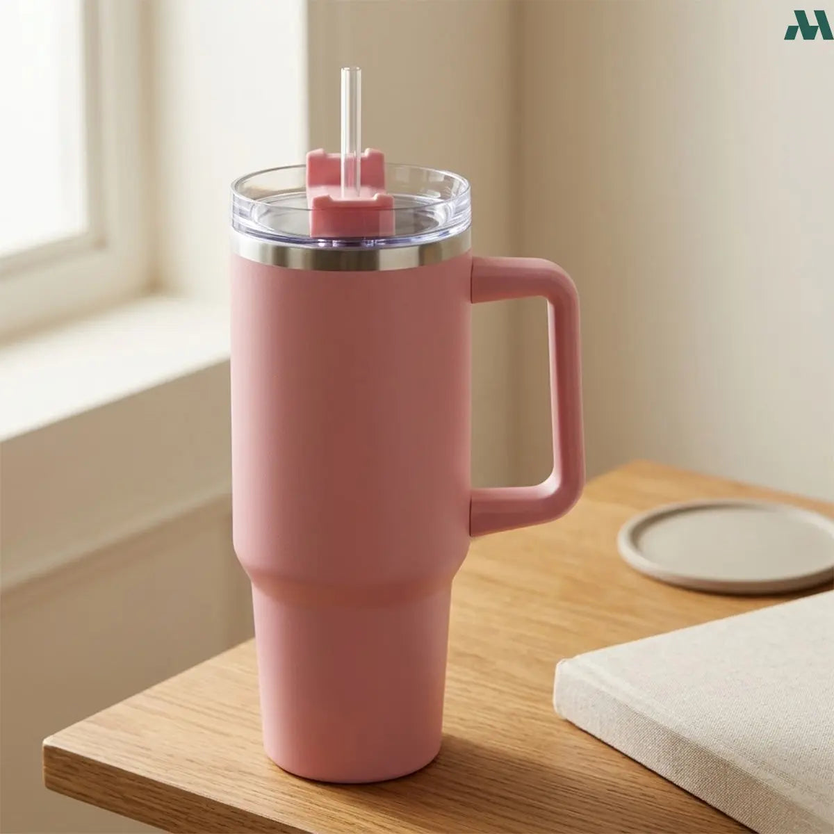 Pink straw travel cup with handle