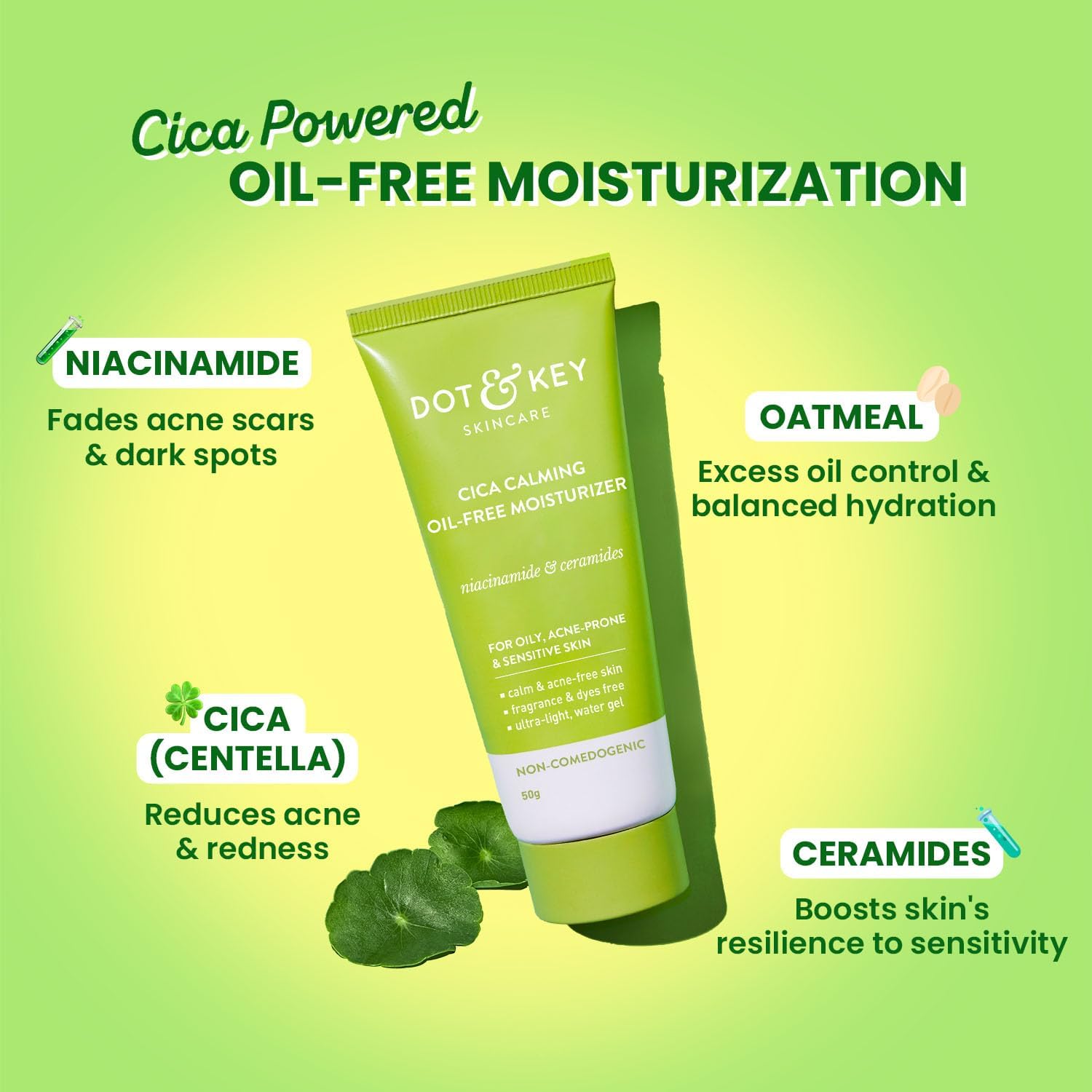 DOT & KEY Cica + Niacinamide Oil Free Moisturizer For Acne Prone Skin Oil Free & Lightweight Fades Dark Spots & Blemishes, Soothes Redness Acne Cream For Oily Acne Prone & Sensitive Skin 50Gm DOT & KEY
