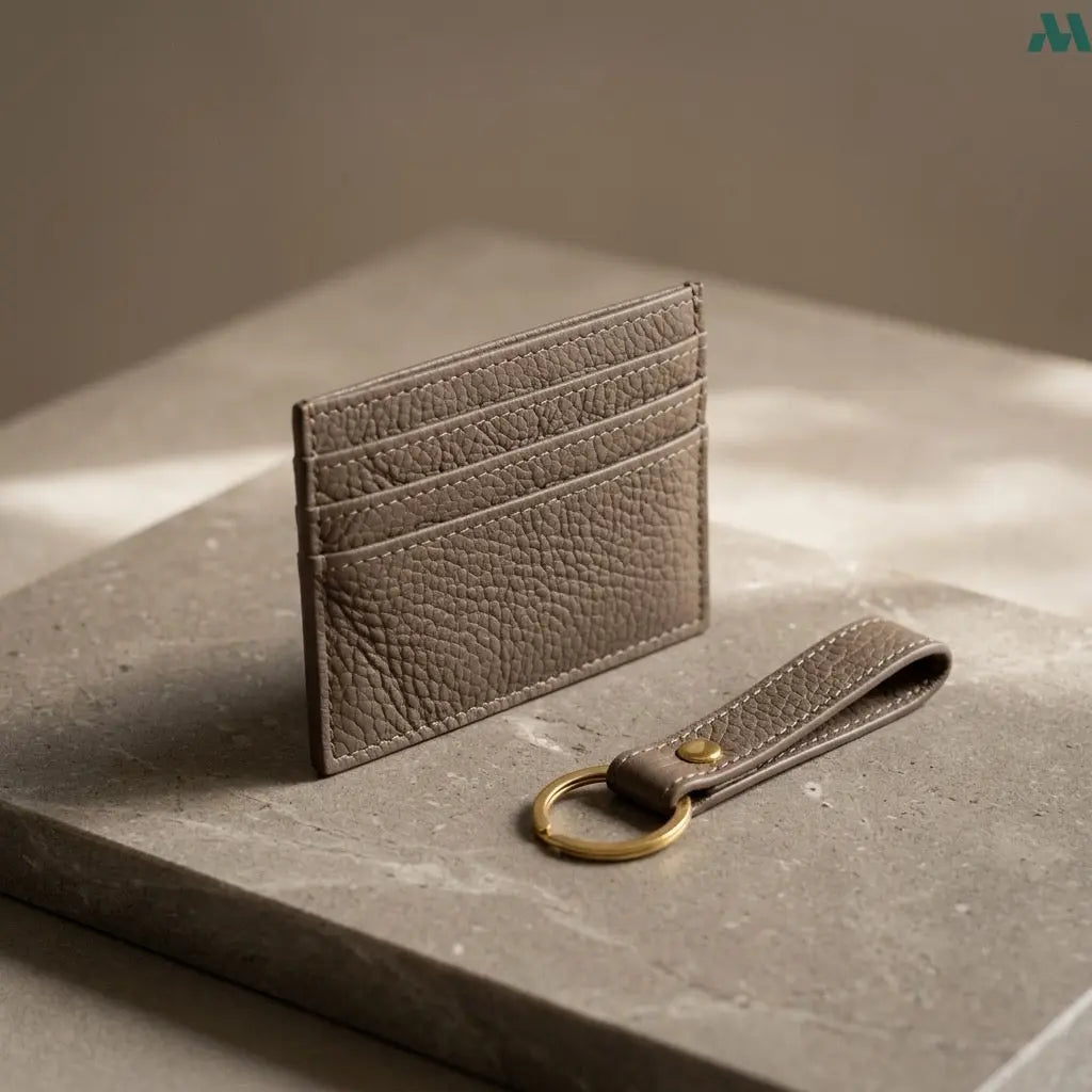 Brown leather card holder and keychain gift set
