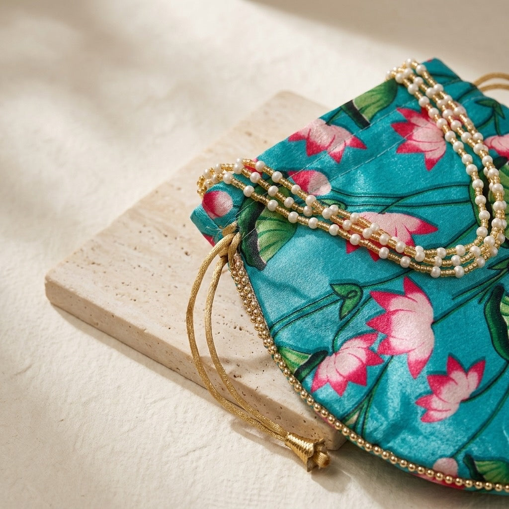 Blue floral potli bag with drawstring