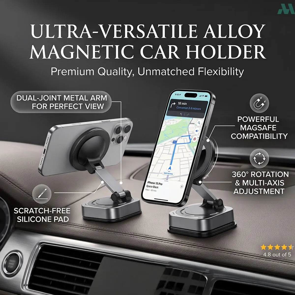 Ultra versatile alloy magnetic car holder dual joint arm