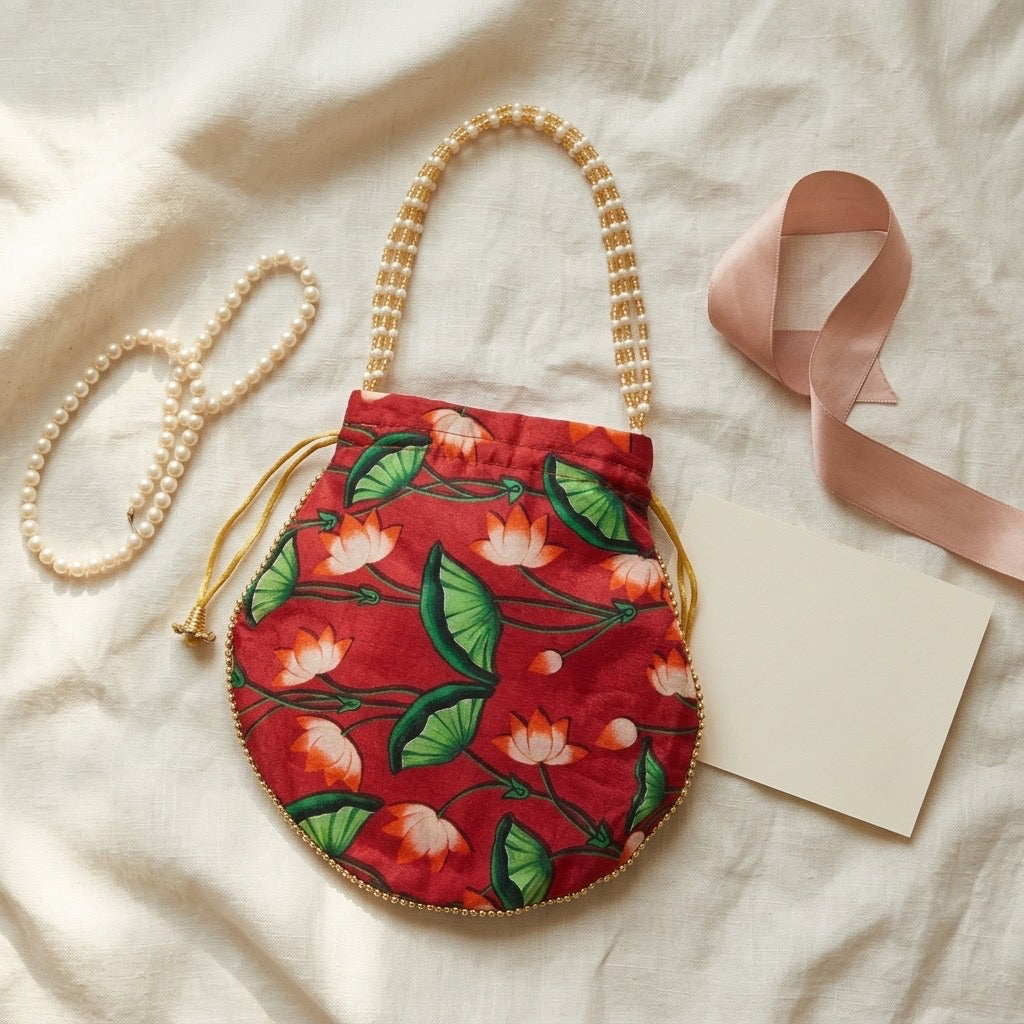 Red-orange floral print potli detail