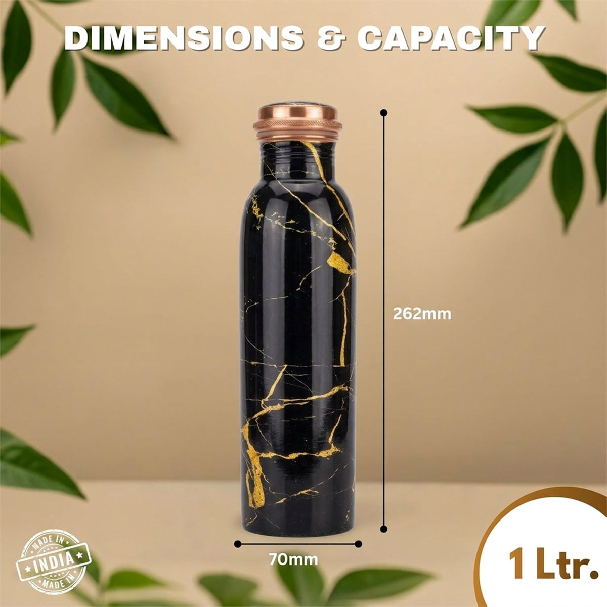 1 litre copper water bottle Black Gold Elegance