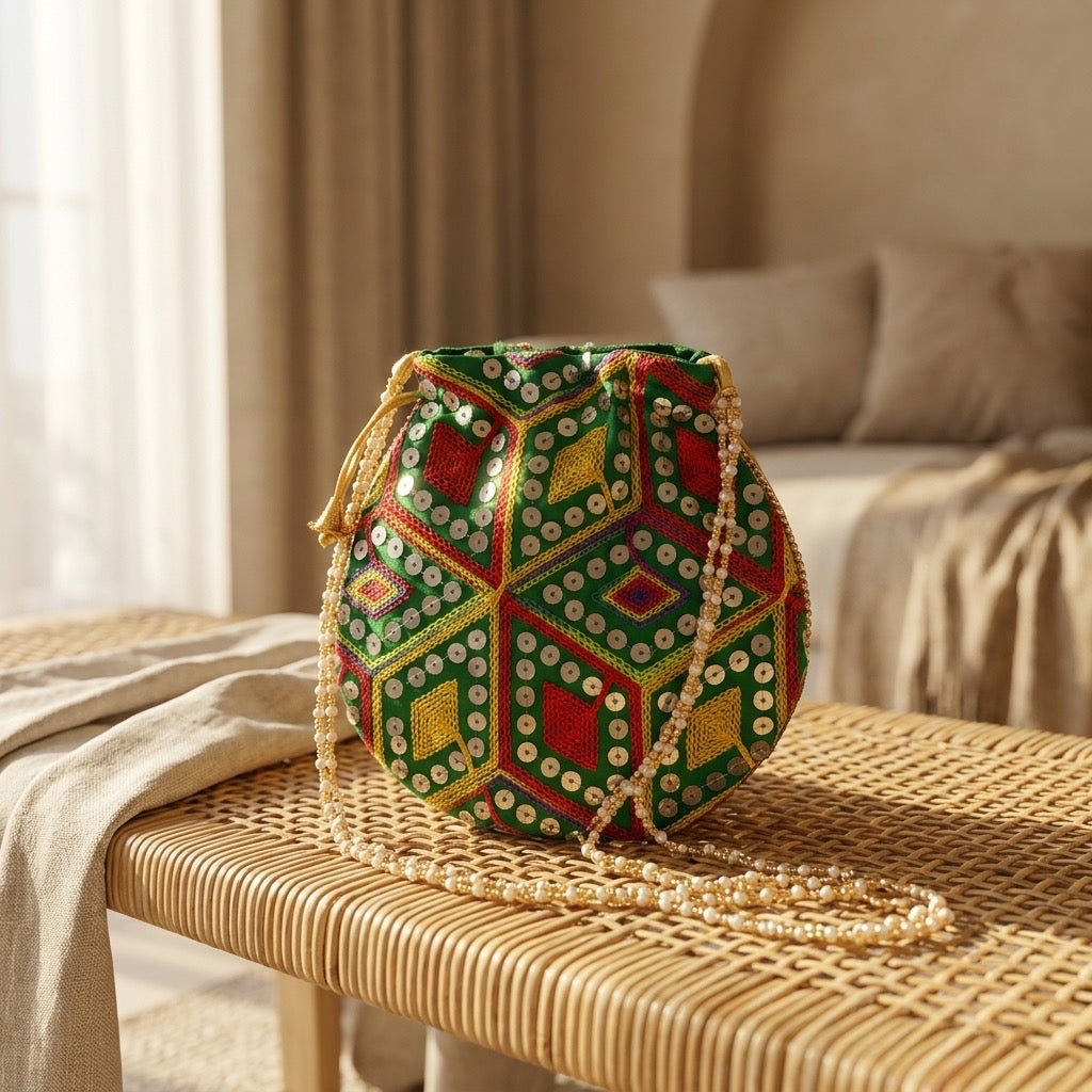 Handcrafted Indian mirror work potli bag green