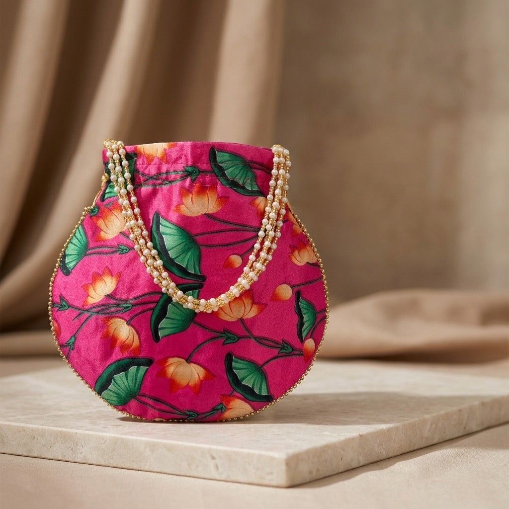 Handcrafted Indian floral potli bag pink
