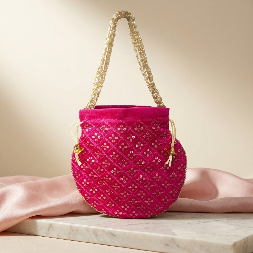 Dark pink embroidered mirror work potli bag