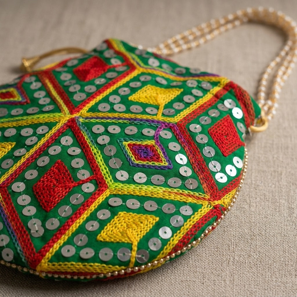 Green mirror work potli bag with drawstring