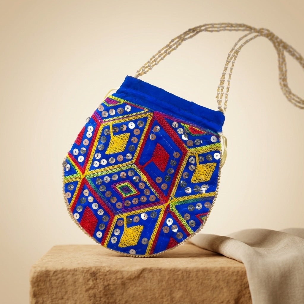 Dark blue embroidered mirror work potli bag
