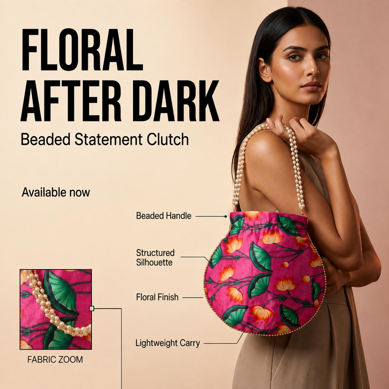 Pink floral potli bag with drawstring