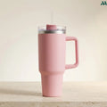 Pink insulated tumbler with handle and straw 1.2L