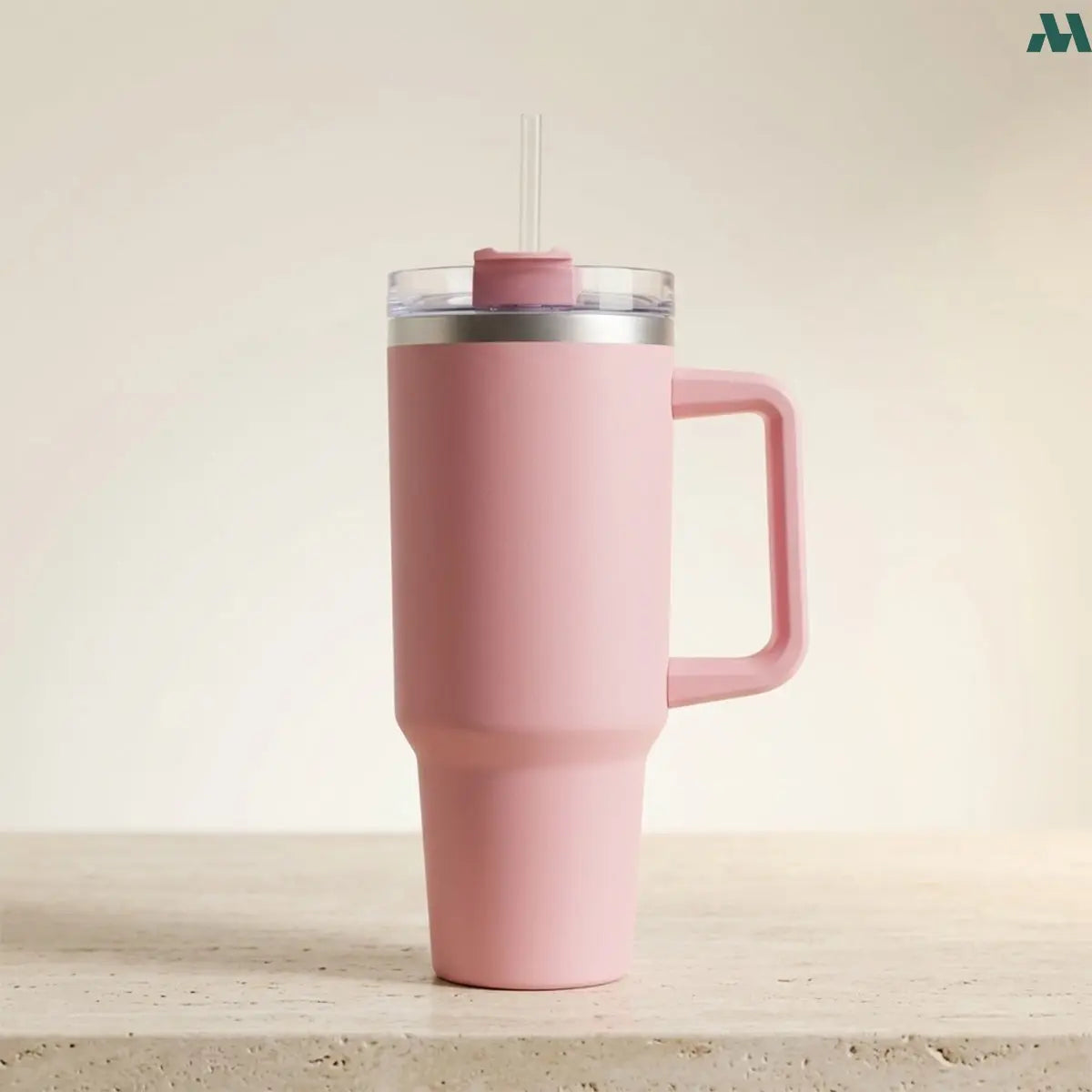 Pink insulated tumbler with handle and straw 1.2L