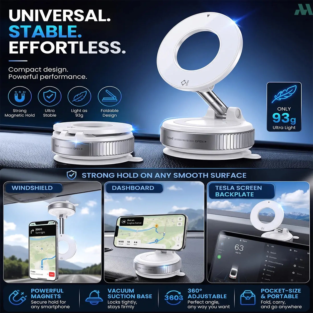 Magnetic foldable car phone mount in white