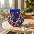 Dark blue mirror work potli bag with drawstring