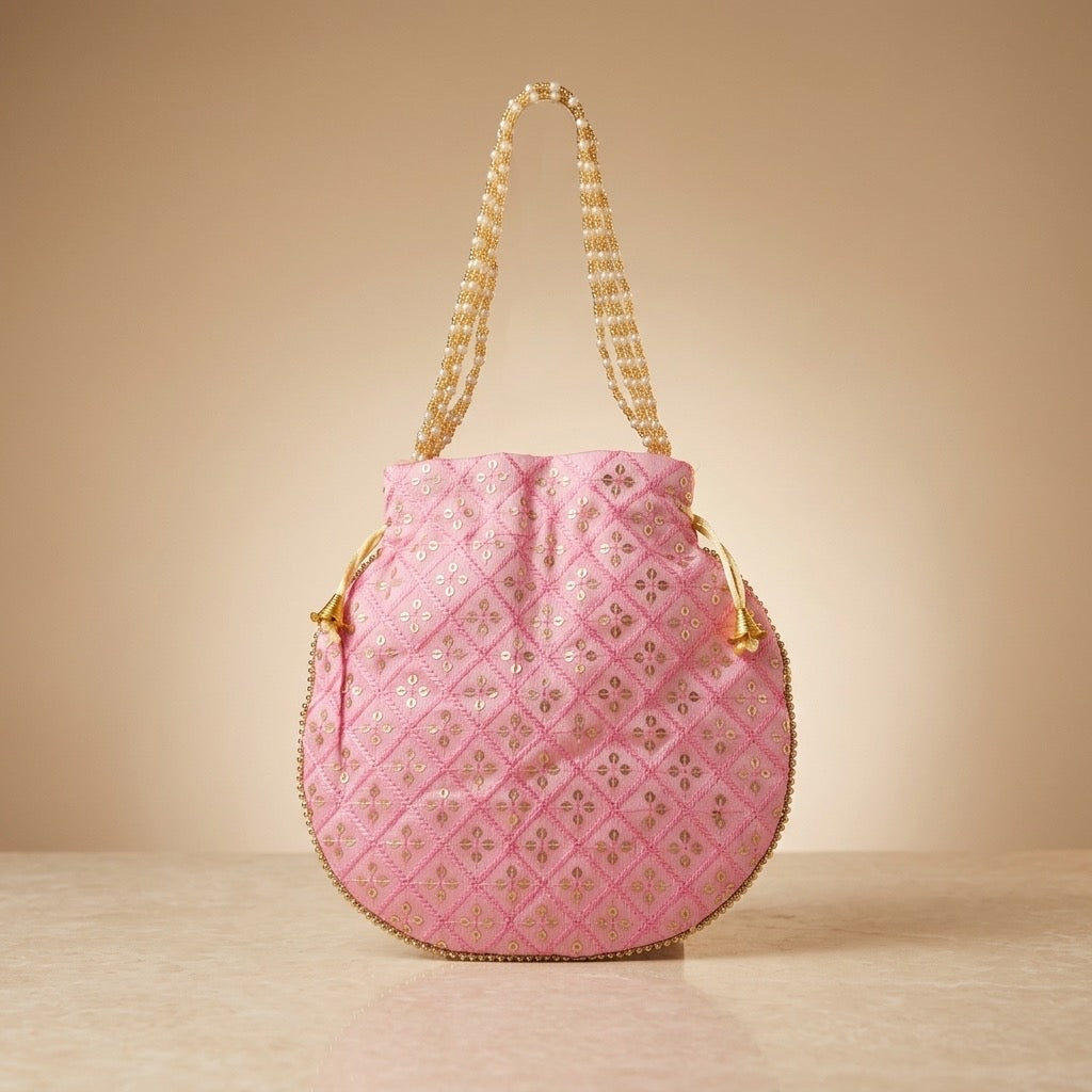 Pink embroidered mirror work potli bag
