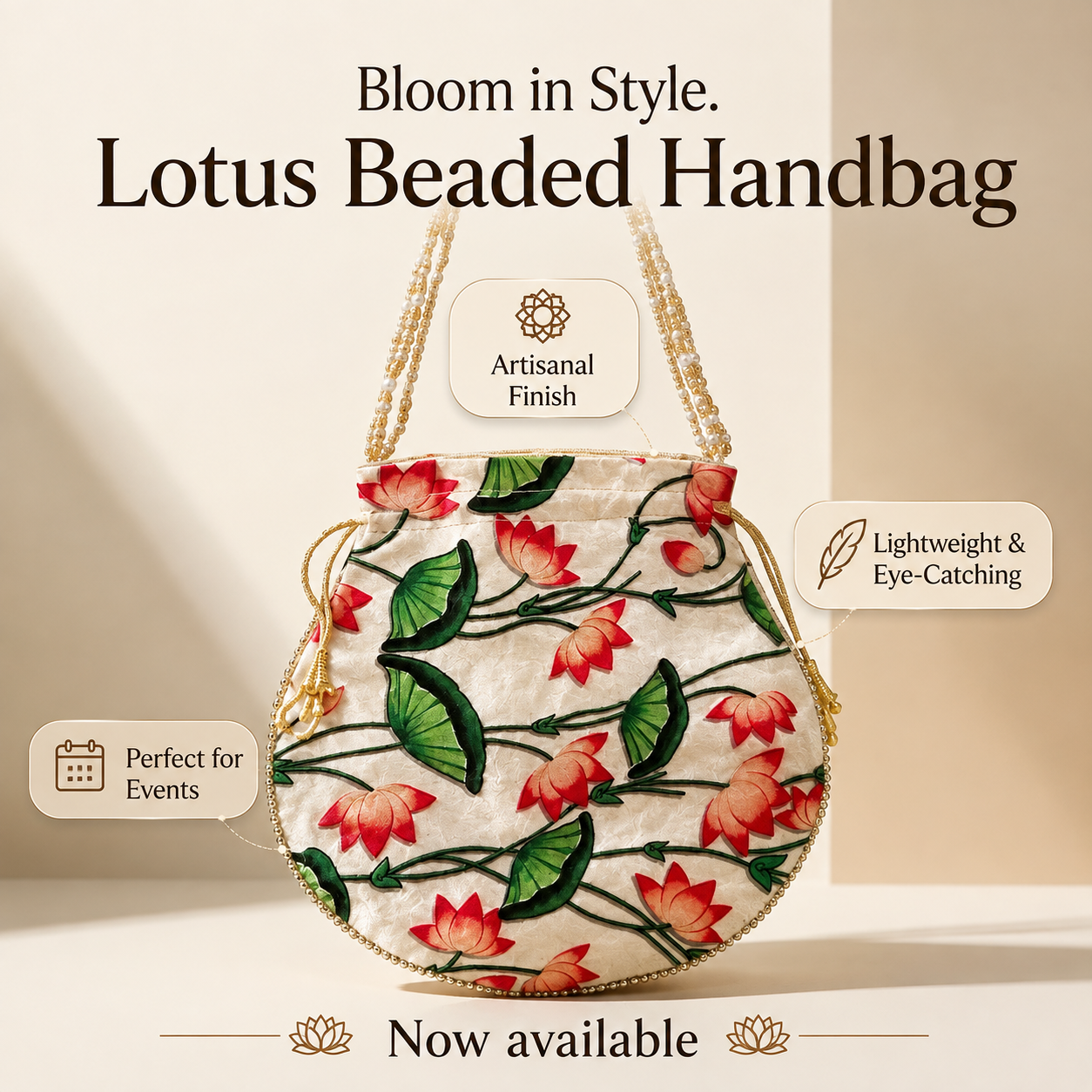 Beige floral print handcrafted potli bag