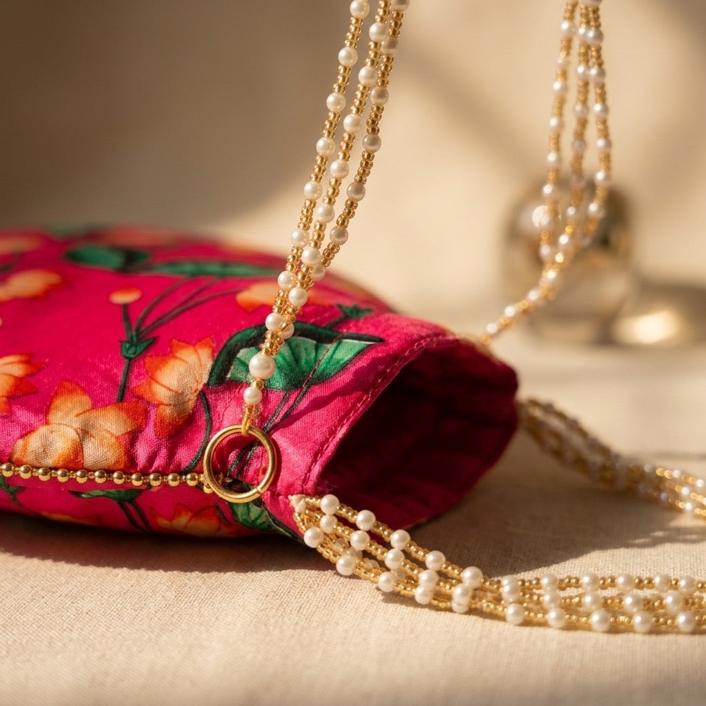 Pink floral print potli detail