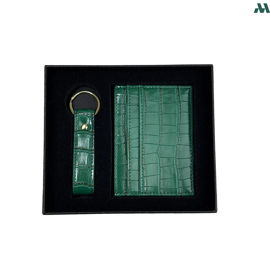 Crocodile green leather card holder and keychain gift set