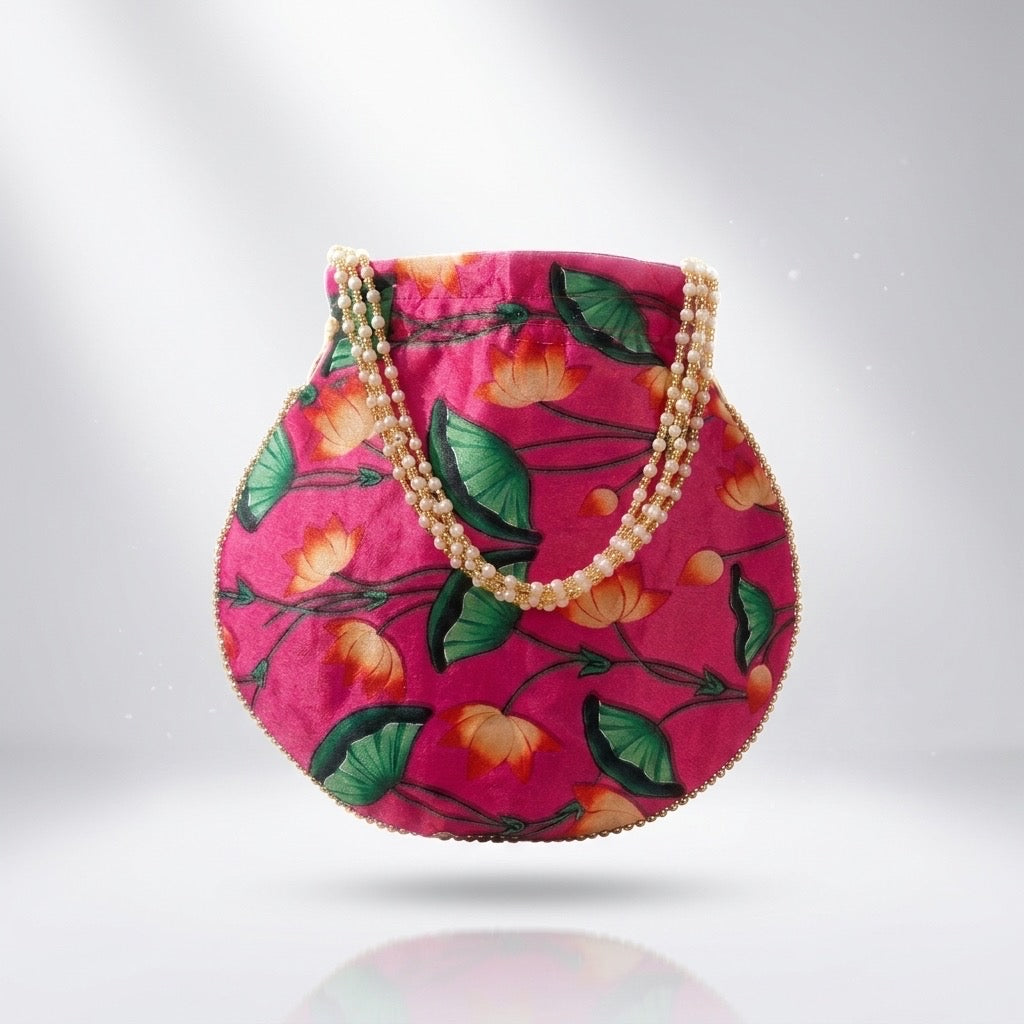 Pink floral print potli bag Mobcos