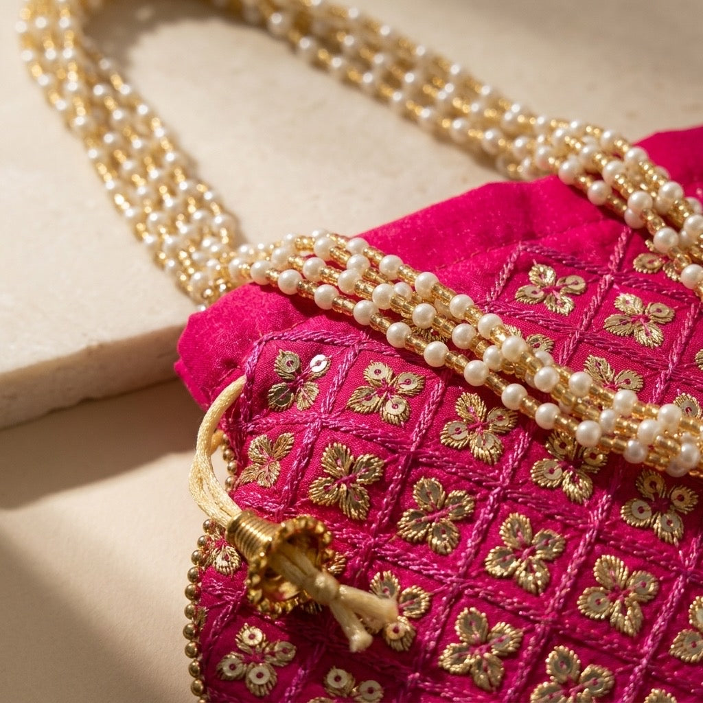 Dark pink mirror work potli embroidery detail